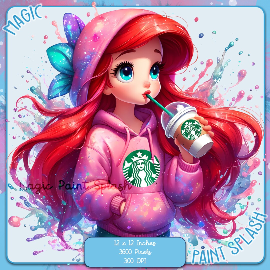 Ariel Coffee Clipart: Mermaid in Hoodie, Watercolor Splash (PNG