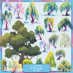 Stylized Trees Clipart Set, Transparent Background PNG images, Commercial Use, Willow Trees, Big Tall Landscape, Clipart bundles