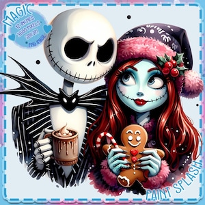 May include: A digital illustration of Jack Skellington and Sally from the Nightmare Before Christmas movie. Jack is wearing his signature black and white striped suit and holding a cup of hot chocolate. Sally is wearing a pink and white dress and holding a gingerbread man. The background is a light blue with snowflakes.