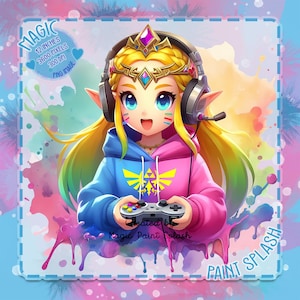 Princess Zelda Gamer Clipart: Rainbow Watercolor PNG (Digital Download)