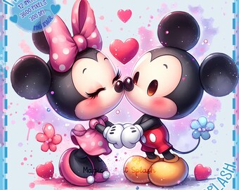 ミッキーとミニーの水彩画クリップアート、レインボースプラッシュPNG
