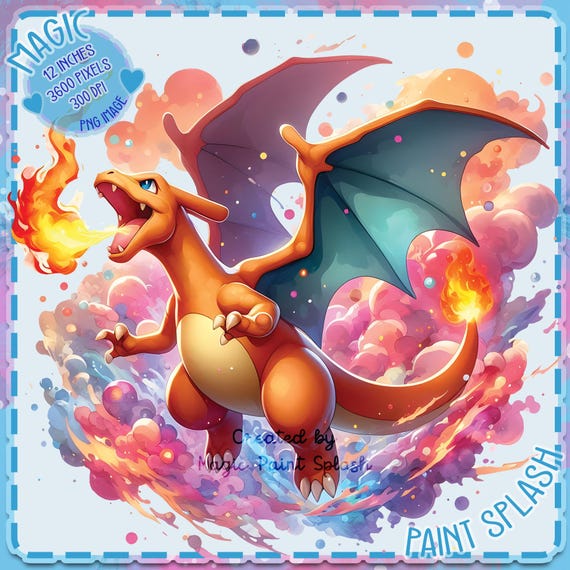 リザードン水彩PNG：咆哮するモンスターのクリップアート画像（12 x 12