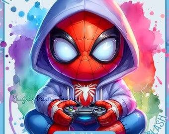 Spidey Gamer Watercolor PNG: Rainbow Splash Clipart (Digital Download)