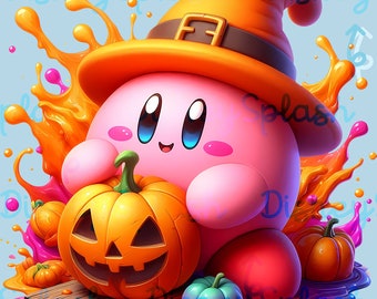 ハロウィンのカービィのクリップアート、水彩画のカボチャ魔女（PNG