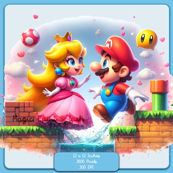 マリオとピーチの水彩クリップアート：レインボーゲームPNG（デジタル