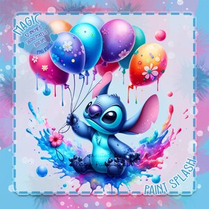 Imágenes prediseñadas de Stitch con globos: Salpicadura de acuarela PNG (Descarga digital) imagen 1