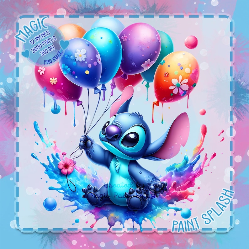 Imágenes prediseñadas de Stitch con globos: Salpicadura de acuarela PNG (Descarga digital) imagen 1