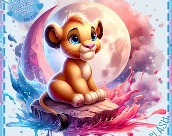 Puede incluir: Un cachorro de león de dibujos animados con ojos azules se sienta en una roca rodeado de salpicaduras de pintura de colores. El fondo presenta una gran luna brillante y nubes.