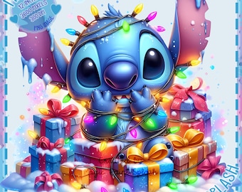 May include: A blue cartoon character with large eyes and a wide smile is tangled in colorful Christmas lights. The character is sitting on a pile of wrapped presents with red and yellow bows. The background is a light blue with white snowflakes.