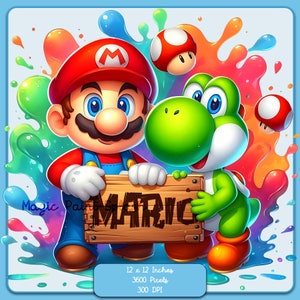 Mario e Yoshi personalizzati, schizzi ad acquerello, immagini clipart, grafica e opere d'arte, estetica arcobaleno, immagini di personaggi carini PNG