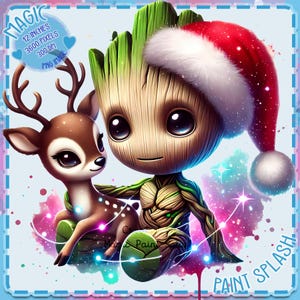 May include: A digital illustration of a green, humanoid character wearing a red Santa hat, holding a brown deer with white spots. The background is a colorful galaxy with stars and a pink and blue watercolor effect. The text "PAINT SPLASH" is at the bottom of the image.
