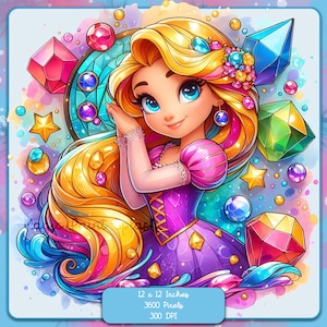Rapunzel Gemstones Clipart: Watercolor Princess Image (PNG Digital Download)