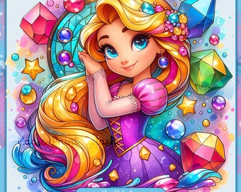 Rapunzel Gemstones Clipart: Watercolor Princess Image (PNG Digital Download)