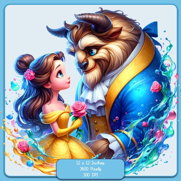 Cute Belle and the Beast Watercolor Splash, Clipart Images, Graphics and Artwork, Rainbow Aesthetic, PNG Princess love Images