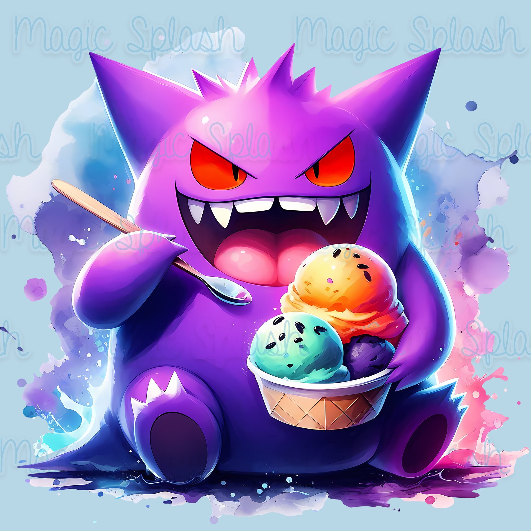 ゲンガーアイスクリーム水彩クリップアート：レインボーモンスターPNG