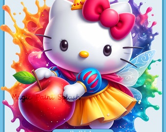 Kawaii Kitty Snow White Watercolor Splash, Clipart Images, Graphics and Artwork, Rainbow Aesthetic, PNG Cute Kitten Princess Hello Images