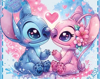 Kawaii Stitch and Angel PNG Clipart, Watercolor Hearts (Digital Download)