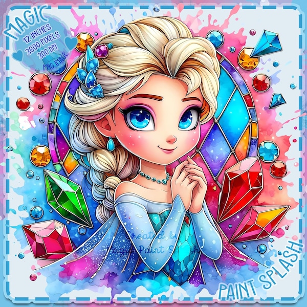 Elsa Gemstones Watercolor Splash PNG, Princess Clipart (Digital Download)