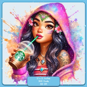 Moana in Hoodie w / Kaffee Aquarell Spritzen, Clipart-Bilder, Grafiken und Kunstwerk, Regenbogen Ästhetik, PNG süße Prinzessin Bilder