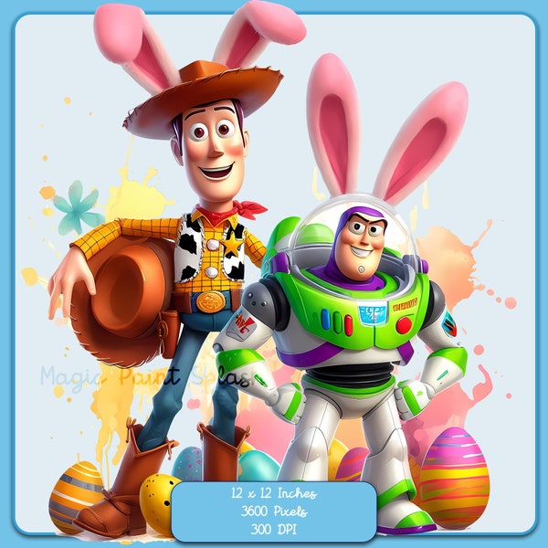 Woody and Buzz Easter Watercolor Splash, Clipart Images, Graphics and Artwork, Rainbow Aesthetic, PNG Toy Movie Images