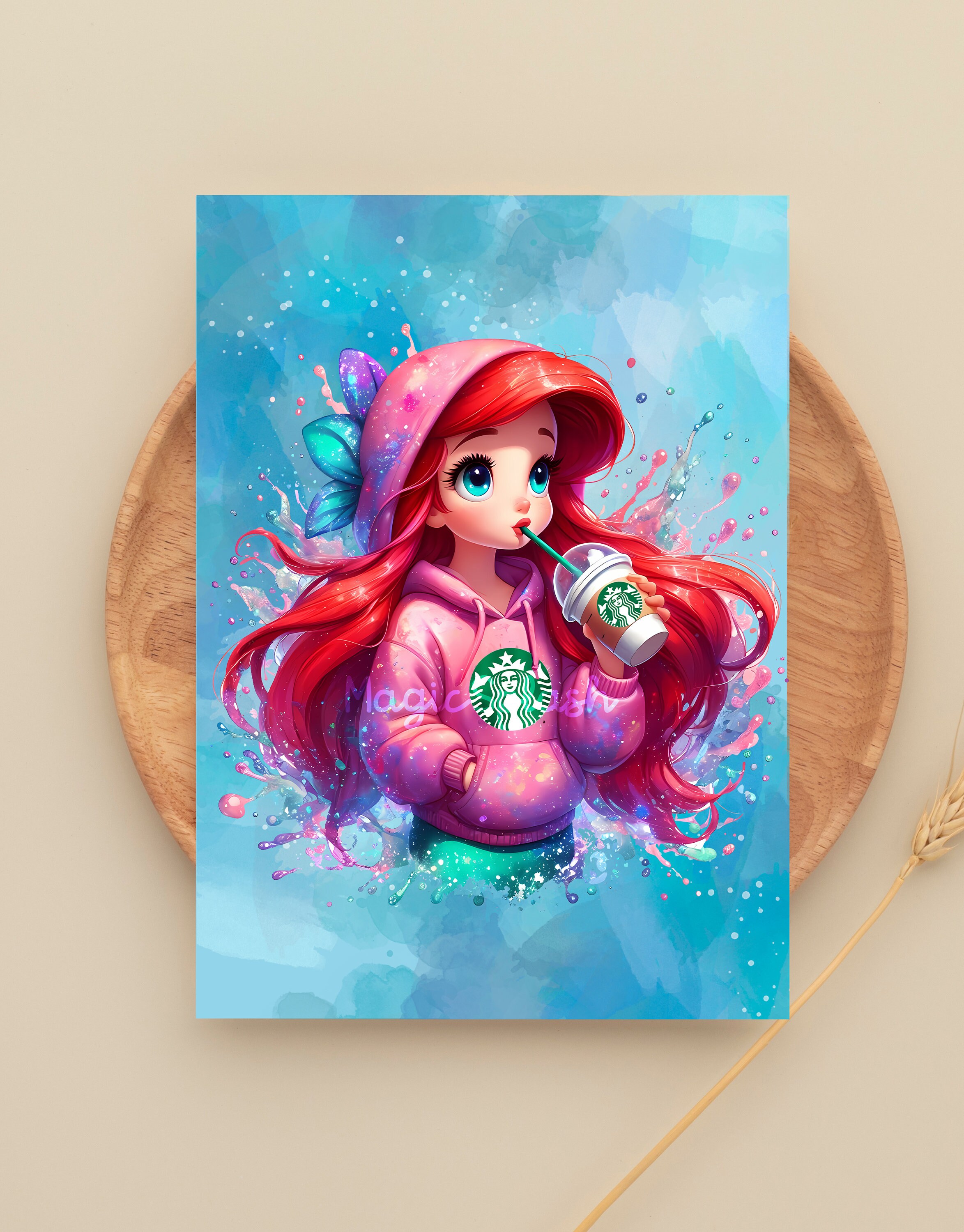 Ariel Coffee Clipart: Mermaid in Hoodie, Watercolor Splash (PNG