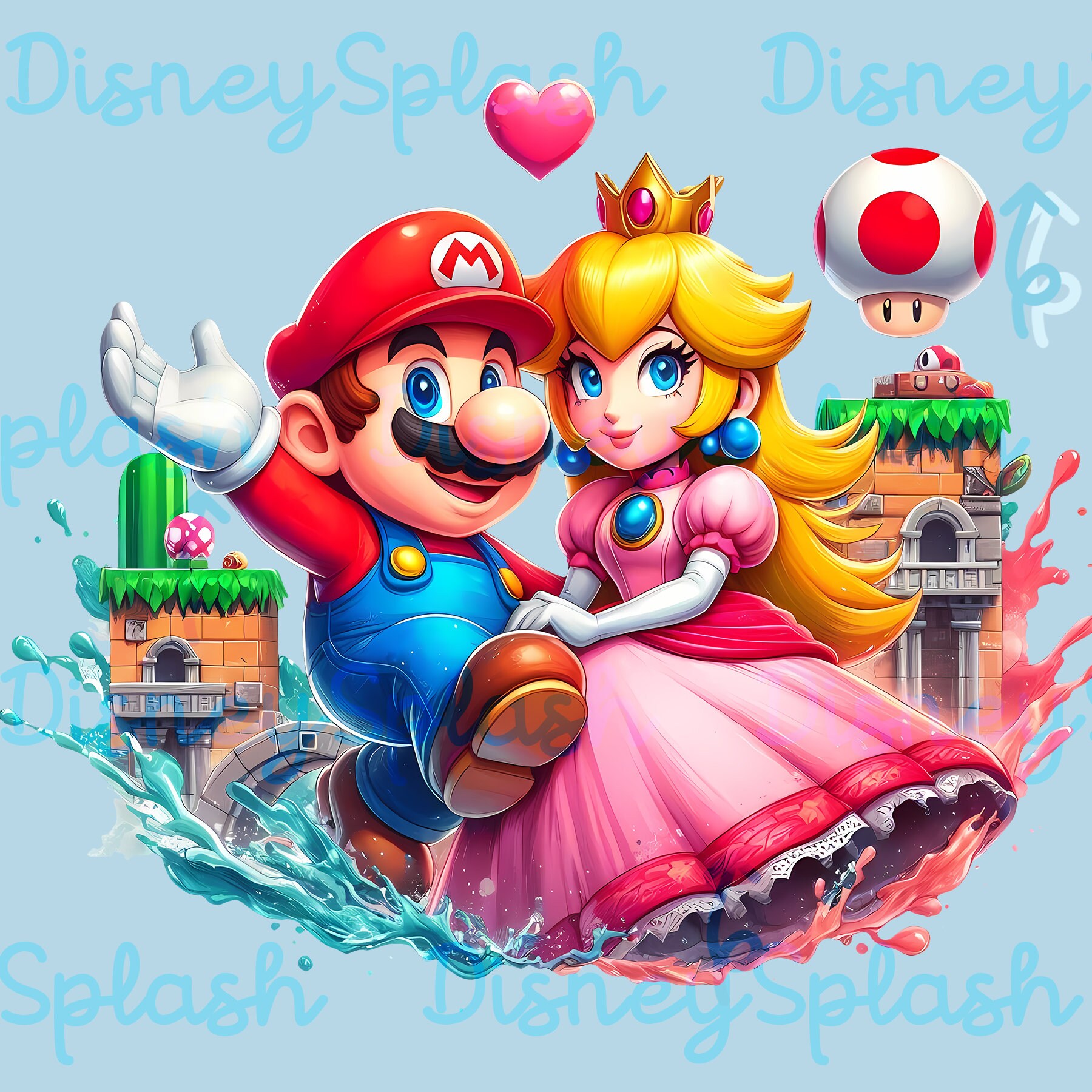 マリオとピーチの水彩画クリップアート：ゲーム用PNG画像（デジタル