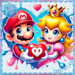 Mario und Peach Valentine Aquarell Splash, Clipart-Bilder, Grafiken und Kunstwerke, Regenbogen Ästhetik, PNG Gaming-Bilder, Love Day Card
