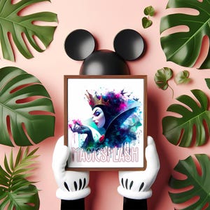 May include: A framed print featuring a watercolor illustration of a queen with a crown, in shades of purple, blue, and pink. The print is held by gloved hands, with a Mickey Mouse-shaped head above. The text "MAGIC SPLASH" is below the image.