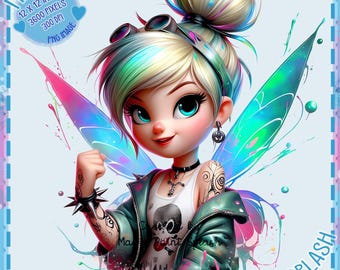 Punk Rock Tinkerbell Clipart, Rainbow Watercolor, Edgy Fairy PNG (Digital Download)