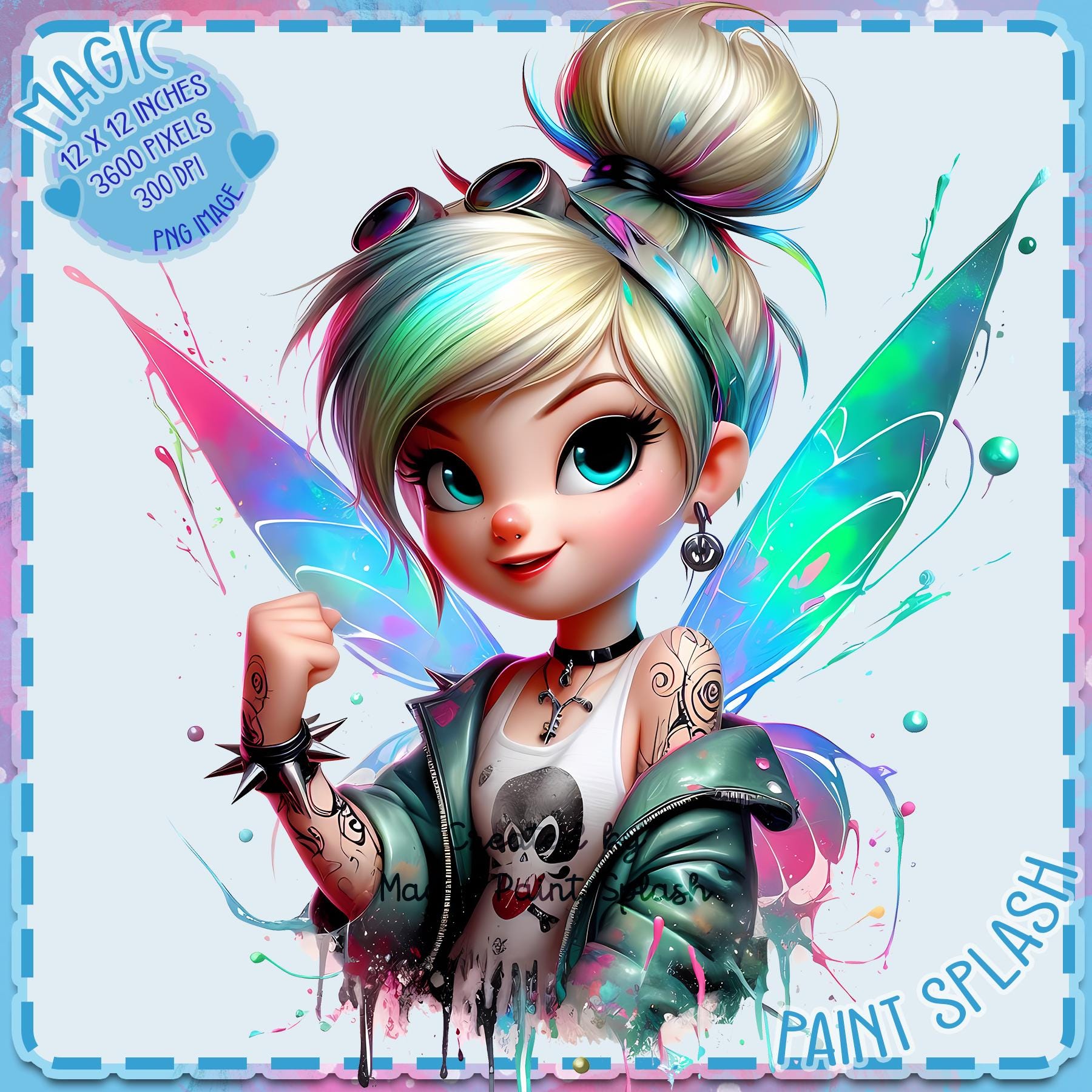 Punk Rock Tinkerbell Clipart, Rainbow Watercolor, Edgy Fairy PNG