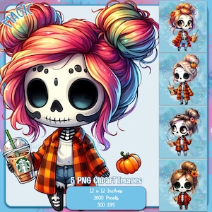 Peut inclure: Illustration numérique d'une fille squelette de dessin animé avec des cheveux arc-en-ciel en couettes portant une chemise à carreaux rouge et noir, un jean bleu et tenant une tasse de café. L'image comprend le texte "5 PNG Clipart Images", "12 x 12 Inches", "3600 Pixels", et "300 DPI".