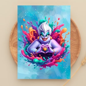 May include: A purple cartoon character with white hair and a mischievous smile, surrounded by colourful paint splatters. The character is making a heart shape with their hands, and a gold heart is visible in the centre of the heart shape.