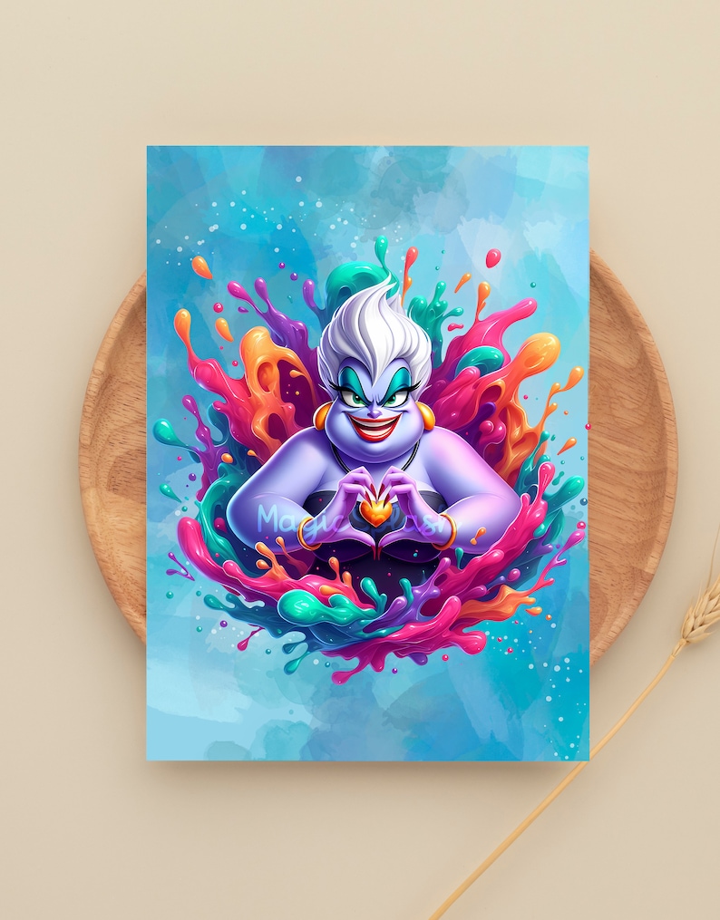 May include: A purple cartoon character with white hair and a mischievous smile, surrounded by colourful paint splatters. The character is making a heart shape with their hands, and a gold heart is visible in the centre of the heart shape.
