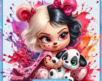 Baby Cruella Watercolor Clipart, Villain PNG Image (Digital Download)