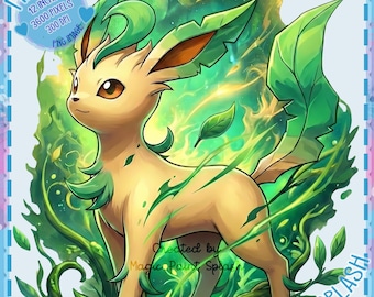 Leafeon akvarell stänk PNG, monster clipart (digital nedladdning 12 x 12 tum, 300 DPI)