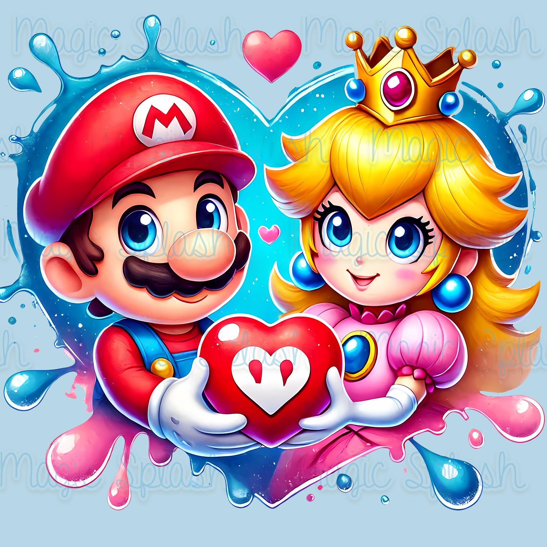 マリオとピーチのバレンタイン水彩PNG：ゲーム愛の日カード（デジタル
