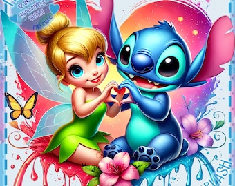 Stitch och Tingeling Alla hjärtans dag akvarell PNG-bild (digital nedladdning)