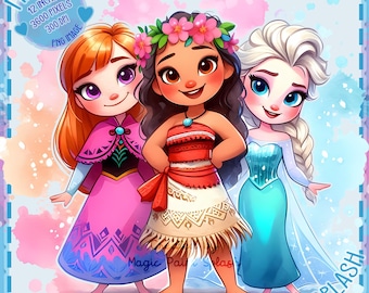 Akvarell Anna, Elsa och Vaiana PNG Clipart (digital nedladdning)