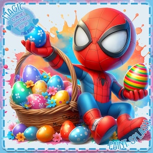 May include: A cartoon image of Spider-Man holding a colorful striped Easter egg. He is sitting next to a basket overflowing with colorful Easter eggs. The background is a blue and white watercolor wash.