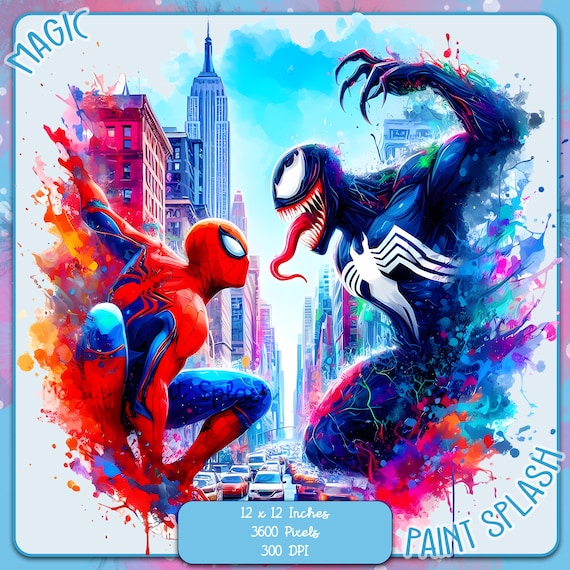 スパイダーマン vs ヴェノムの水彩画クリップアート：虹の映画
