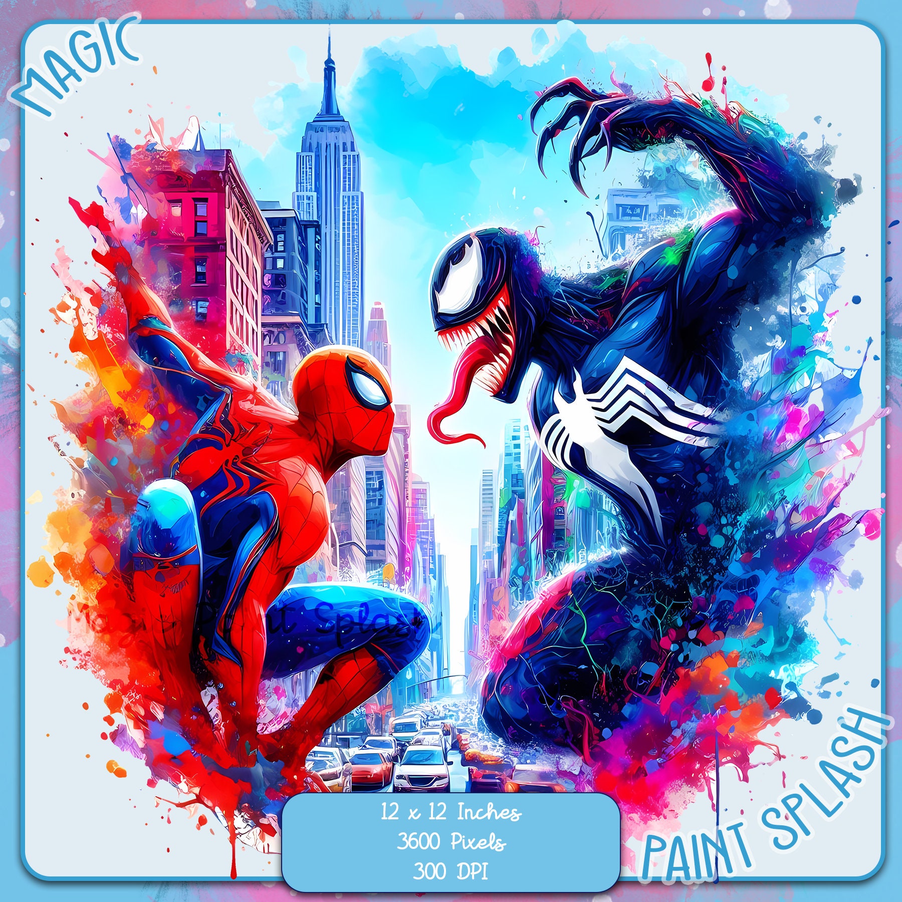 スパイダーマン vs ヴェノムの水彩画クリップアート：虹の映画画像