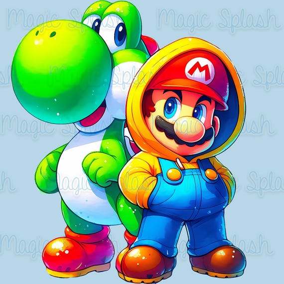 マリオとヨッシーの水彩画 PNG：虹色のゲームクリップアート（デジタル