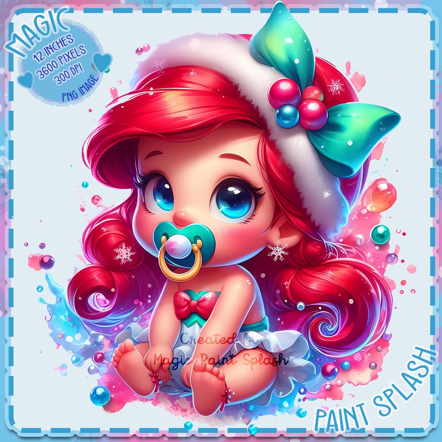 クリスマスベビーアリエルのクリップアート：水彩プリンセスPNG