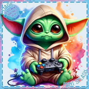 Images Clipart éclaboussures d'aquarelle Grogu Gamer, graphiques et oeuvres d'art, esthétique arc-en-ciel, images mignon personnage étoilé PNG