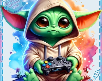 Grogu Gamer Watercolor Clipart, Rainbow Galaxy Wars PNG (Digital Download)