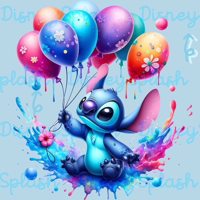 Puede incluir: Un personaje azul Stitch de Lilo & Stitch de Disney sujetando globos coloridos con salpicaduras de pintura a su alrededor. Los globos son rosas, morados, azules y naranjas con lunares blancos y flores.