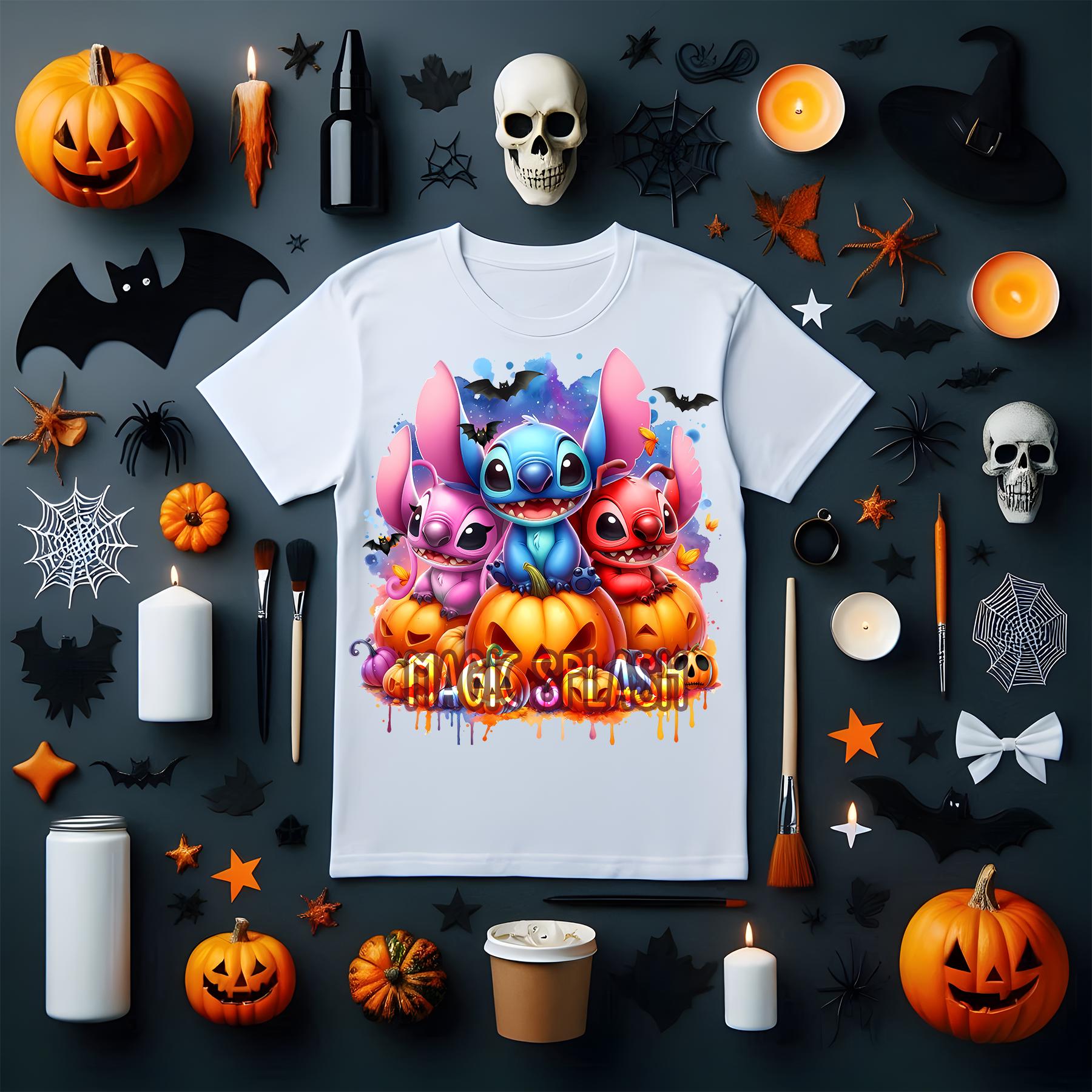 スティッチ、リロイ、エンジェルのハロウィーン水彩スプラッシュ