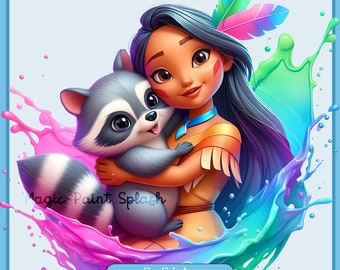 Pocahontas and Meeko Clipart: Watercolor Splash PNG (Digital Download)