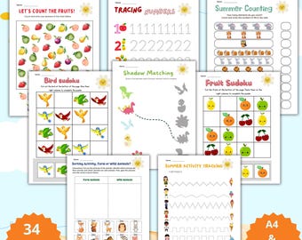 May include: A set of 34 printable summer-themed worksheets for kids. The worksheets feature activities like counting, tracing numbers, shadow matching, sudoku, and sorting farm and wild animals. The worksheets are designed for A4 and US Letter paper sizes.