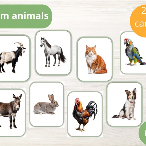 Domestic and farm animals. 20 printable and editable Montessori cards. Flash cards. Nomenclature of pet cards. Cards for preschoolers.